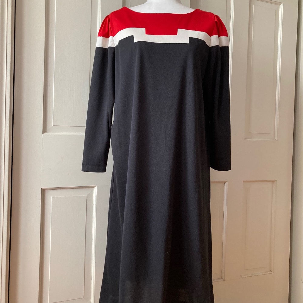 Vintage 1960s Sears Black Dress Blocked Red/White Knit Mod Dress SZ 14